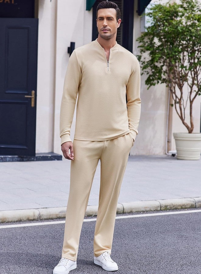 COOFANDY Men's Tracksuit 2 Piece Set Outfits Quarter Zip Polo Sweatsuit Athletic Long Sleeve Casual Sports Jogging Beige - Image 3
